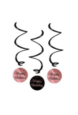 Swirl decorations rose gold & black happy birthday 3-delig