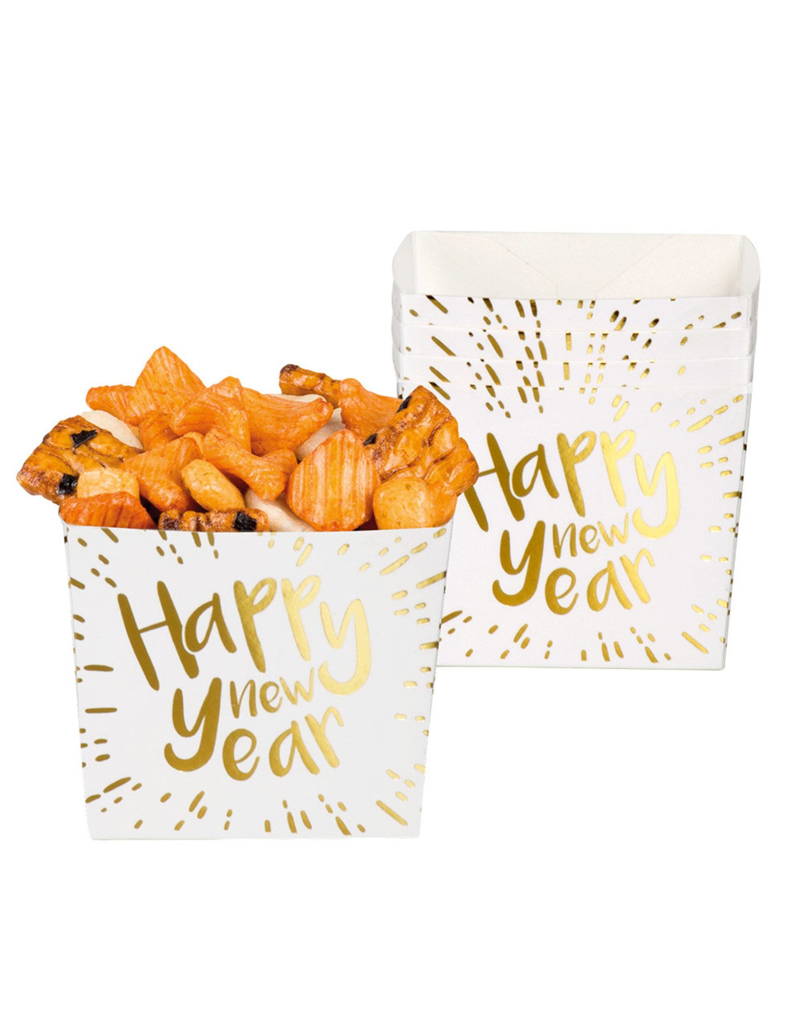 Set 6 bakjes Happy New Year wit met goud