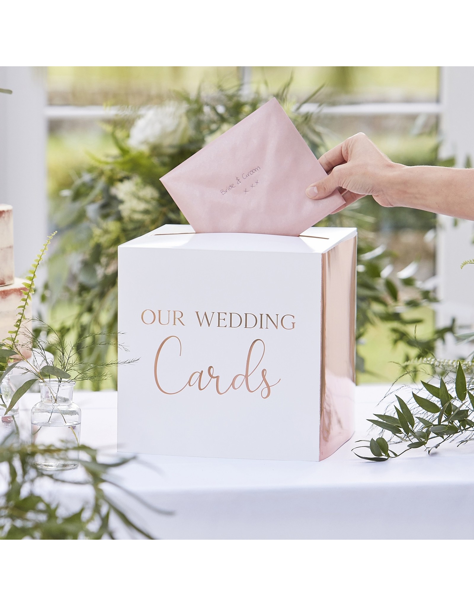 Enveloppendoos wit met rosé goud (our wedding cards)