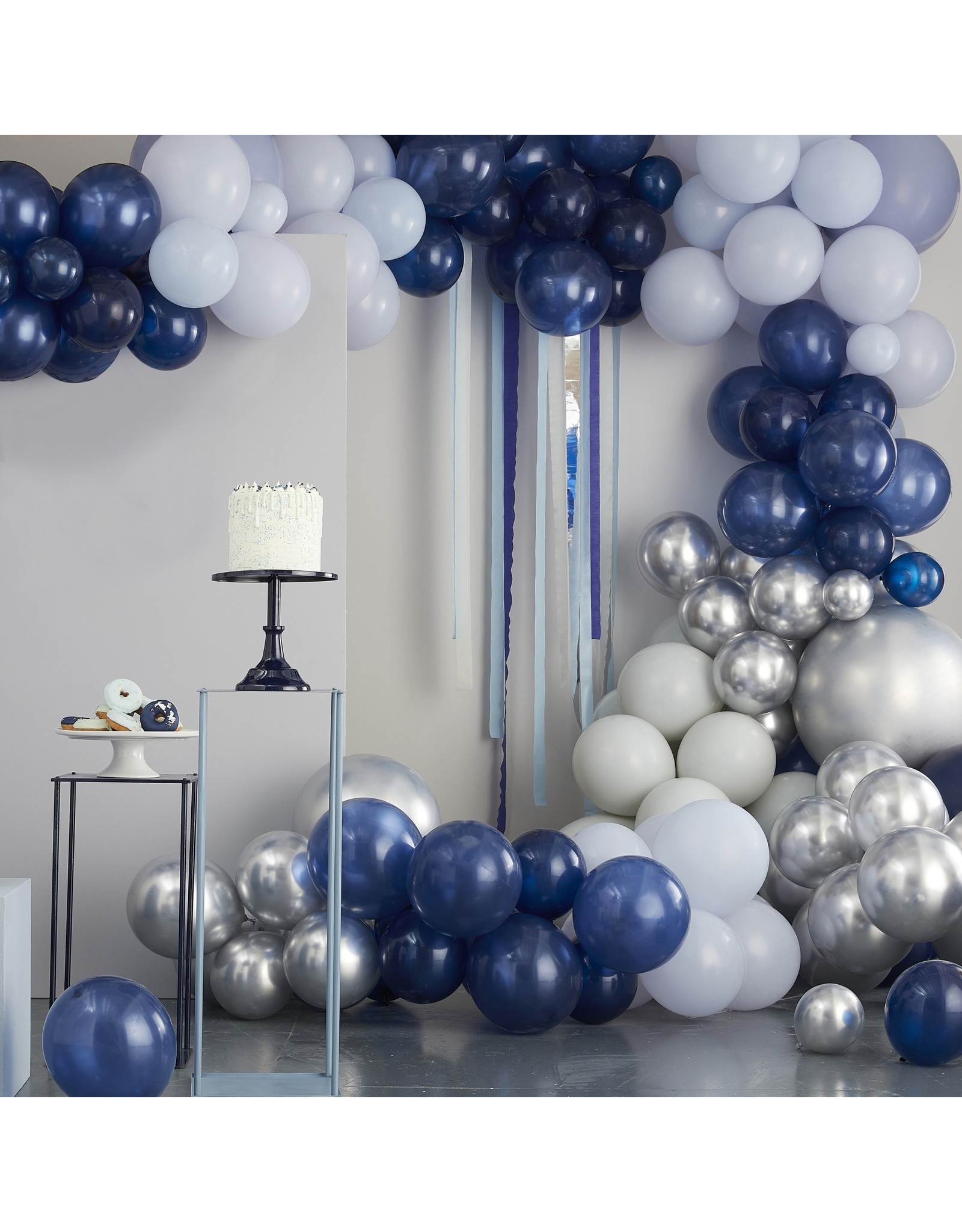 Ballonnenboogset DIY XL chrome silver + blauw 12 meter