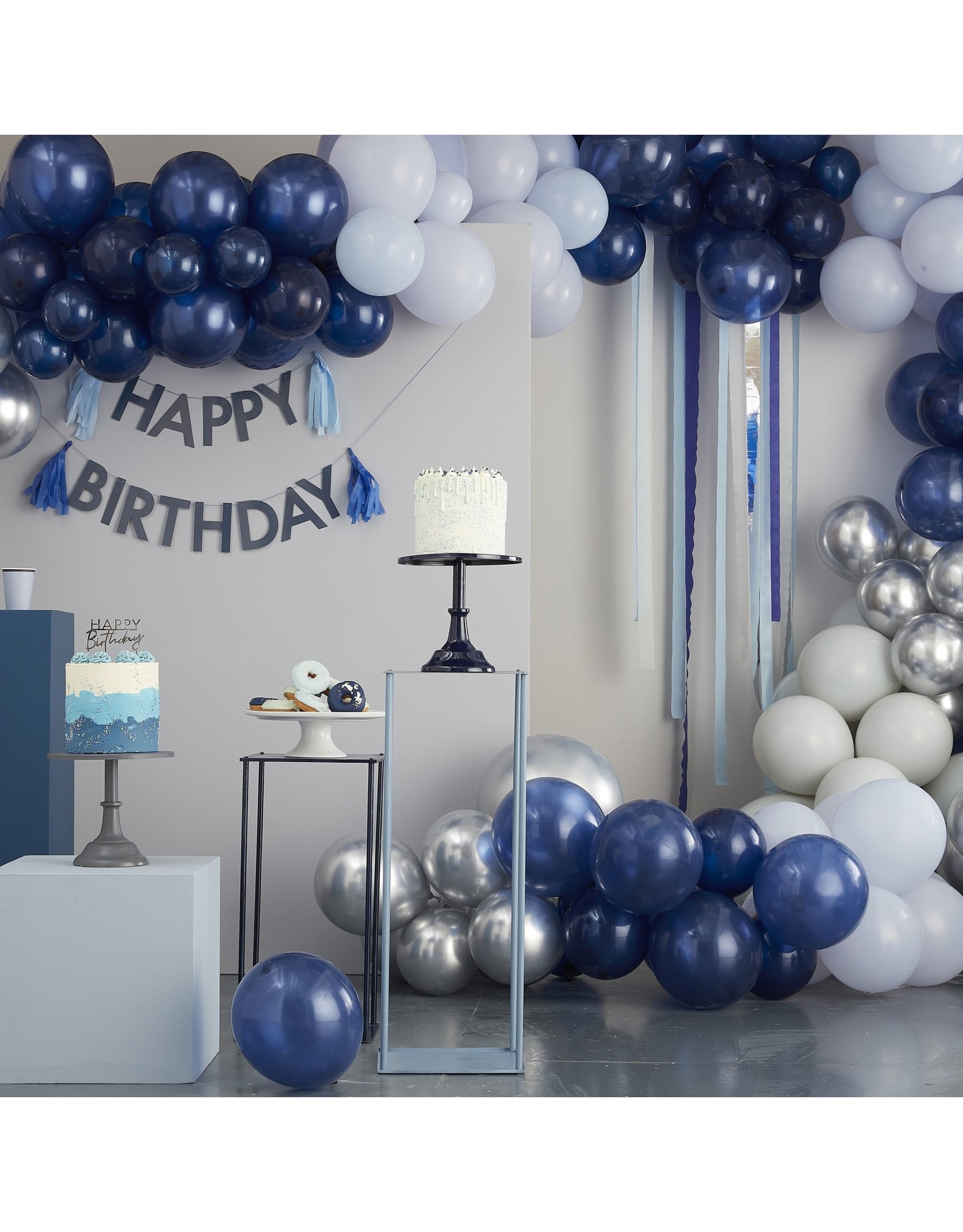 Ballonnenboogset DIY XL chrome silver + blauw 12 meter