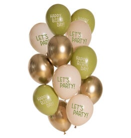 Latex ballonnenset birthday golden olive 33 cm 12 stuks