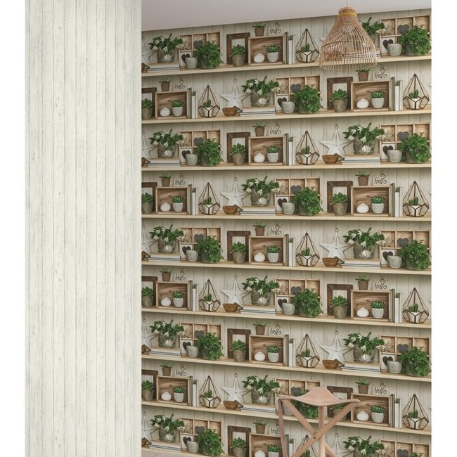 Dutch Wallcoverings Exposure planken/deco beige/groen - vliesbehang - 10m x 53cm - EP3802