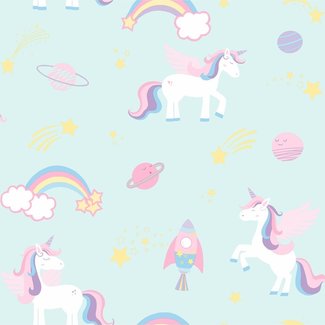 Dutch Wallcoverings Over The Rainbow- Unicorns Teal - 90962