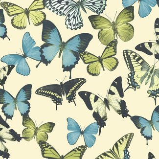 Dutch Wallcoverings Vliesbehang - Botanical vlinders beige/blauw/groen - BA2602