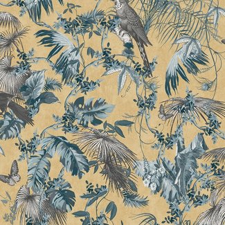 Dutch Wallcoverings Escapade palm/vogel blauw/goud - L698-01