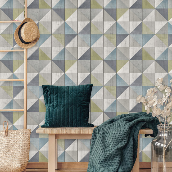 Dutch Wallcoverings Exposure blok/driehoek grijs/blauw/groen - vliesbehang - 10m x 53cm - EP3102