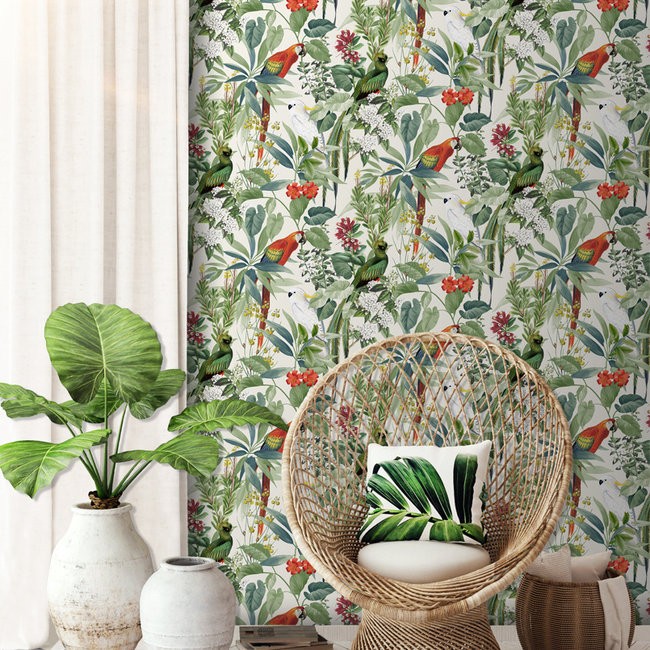 Dutch Wallcoverings Escapade tropische vogels groen - vliesbehang - 10m x 53cm - 576204