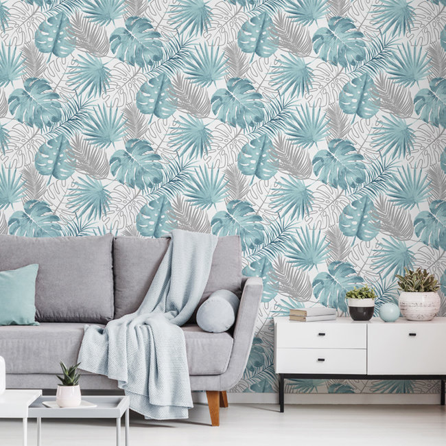 Dutch Wallcoverings Escapade palmbladeren blauw/zilver - vliesbehang - 10m x 53cm - L604-01