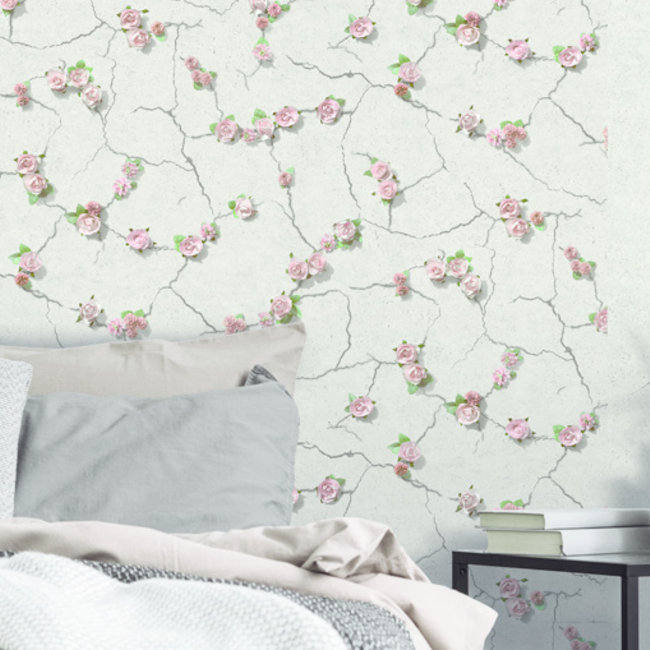 Dutch Wallcoverings Escapade beton/bloem grijs/roze - vliesbehang - 10m x 53cm - L787-08