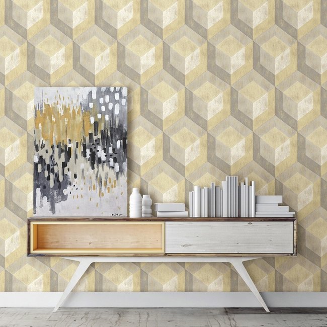 Dutch Wallcoverings Trilogy Rustic wood tile  yellow & grey   - vliesbehang - 10mx53cm - 22309