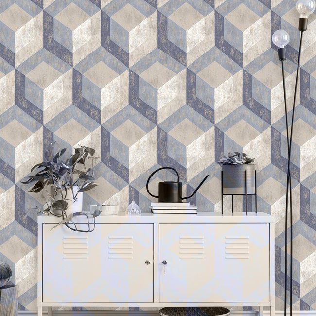 Dutch Wallcoverings Trilogy Rustic wood tile  blue & grey   - vliesbehang - 10mx53cm - 22311