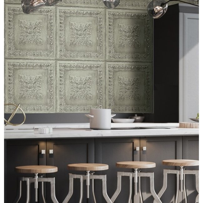 Dutch Wallcoverings Trilogy Ornamental tin ceiling  pale green/silver  - vliesbehang - 10mx53cm - 24033