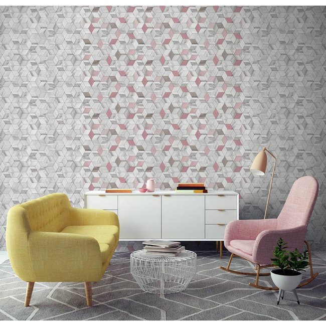 Dutch Wallcoverings Hexagone 3D kubus grijs - vliesbehang - 10m x 53cm - L592-09