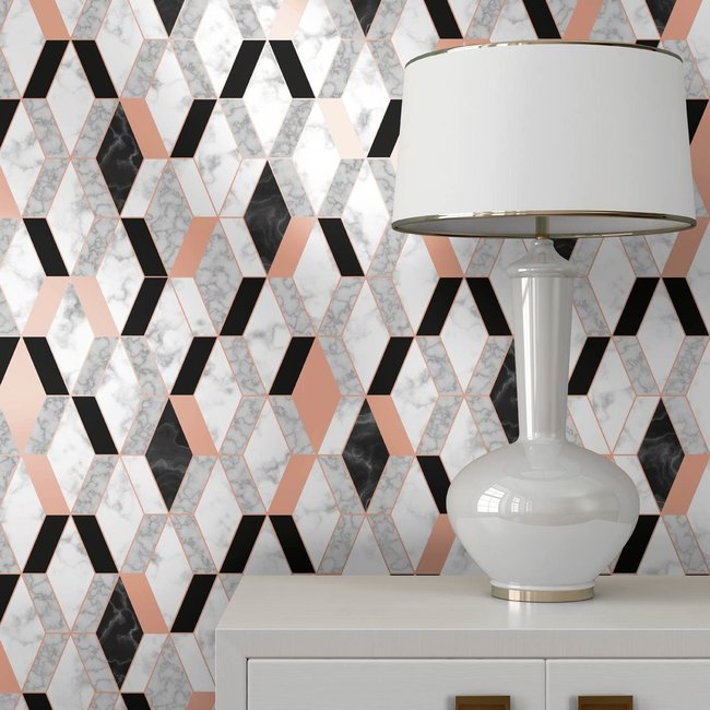 Dutch Wallcoverings Hexagone ruit grafisch wit/zwart/roze - vliesbehang - 10m x 53cm - L638-05