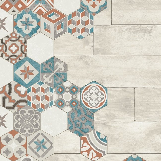 Dutch Wallcoverings Reflets hout/mozaiek grijs/blauw - vliesbehang - 10m x 53cm - L777-01