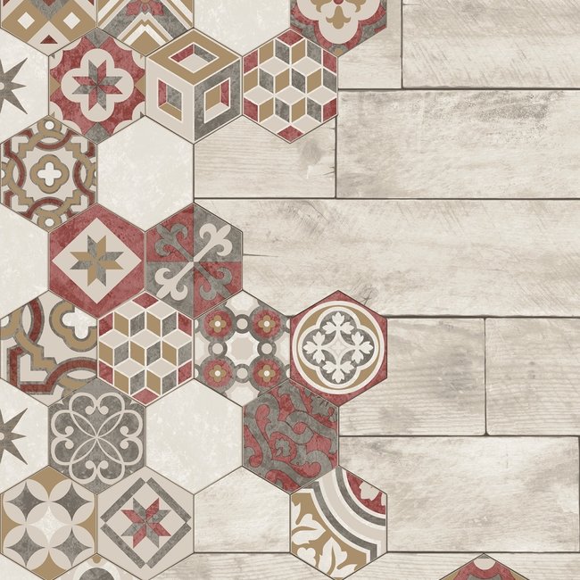 Dutch Wallcoverings Reflets hout/mozaiek beige/rood - vliesbehang - 10m x 53cm - L777-10