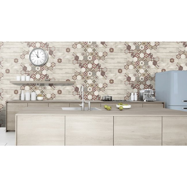 Dutch Wallcoverings Reflets hout/mozaiek beige/rood - vliesbehang - 10m x 53cm - L777-10