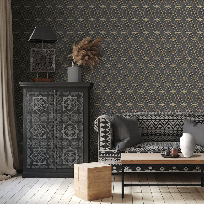 Dutch Wallcoverings Wallstitch hexagonal black - vliesbehang - 10m x 53cm - DE120066