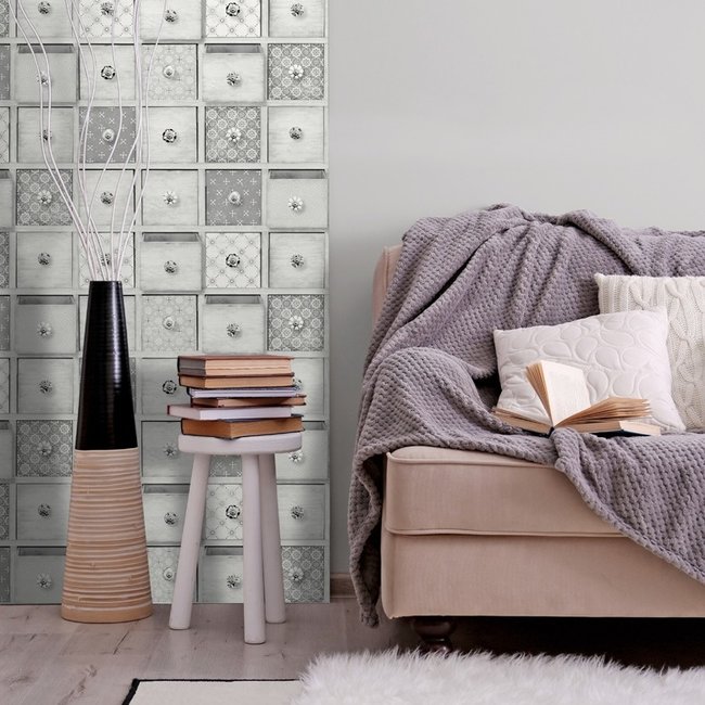 Dutch Wallcoverings Home ladenkast grijs - vliesbehang - 10m x 53cm - L326-09