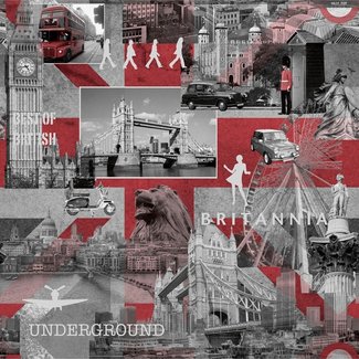 Dutch Wallcoverings Papierbehang - Freestyle Londen rood/zilver - 102509