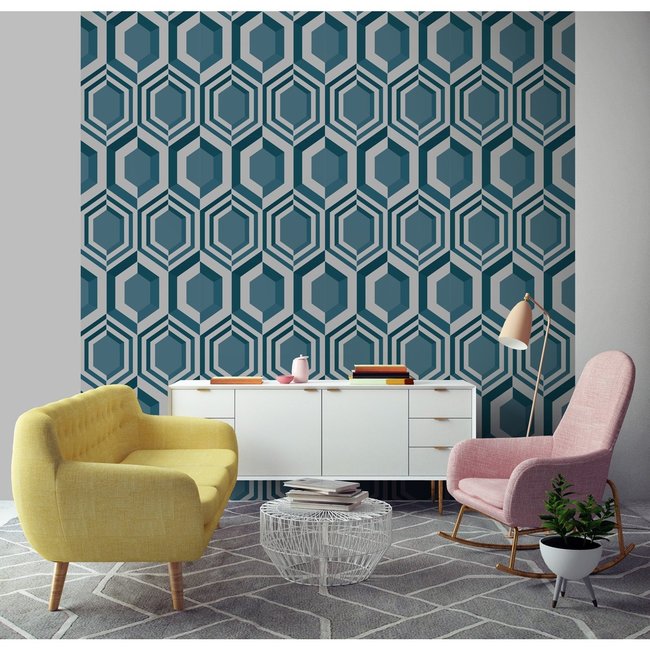 Dutch Wallcoverings Galactik retro petrol/grijs - vliesbehang - 10m x 53cm - J407-11