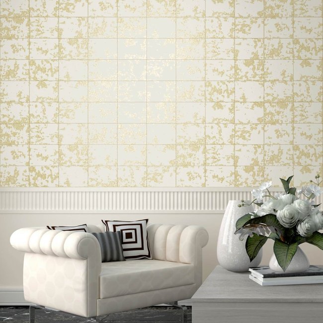 Dutch Wallcoverings Hexagone tegel grijs/goud - vliesbehang - 10m x 53cm - L626-00