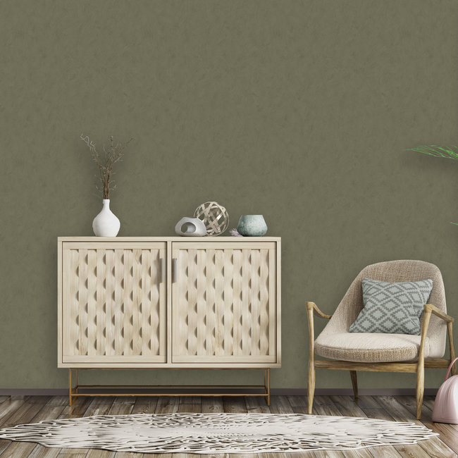 Dutch Wallcoverings Kalk II uni olijfgroen - vliesbehang - 10m x 53cm - 61040
