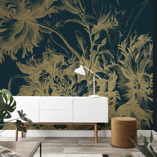 KEK Amsterdam Wallmural Gold Engraved Flowers blue - div.afm.