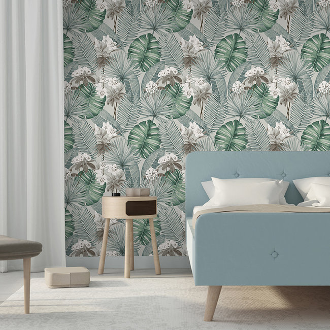 Dutch Wallcoverings Eden bladeren/bloem grijs/groen - vliesbehang - 10mx53cm - M37809