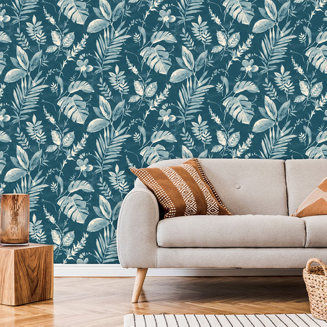 Dutch Wallcoverings Eden bladeren blauw - vliesbehang - 10mx53cm - L98901