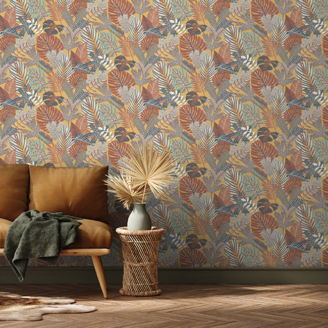 Dutch Wallcoverings Eden bladeren oker/roodbruin/blauw - vliesbehang - 10mx53cm - M36902