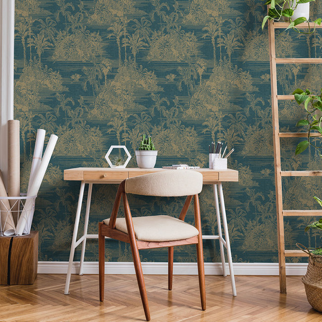 Dutch Wallcoverings Eden tropisch tafereel blauw/goud - vliesbehang - 10mx53cm - M37301
