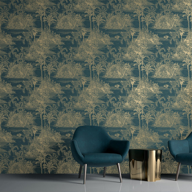 Dutch Wallcoverings Eden tropisch tafereel blauw/goud - vliesbehang - 10mx53cm - M37301