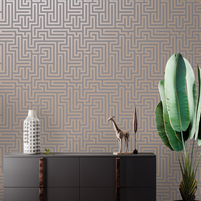 Dutch Wallcoverings Indulgence Maze grey/rose gold - papierbehang - 10mx53cm - 12914