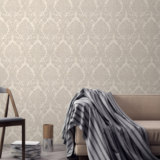 Dutch Wallcoverings Nomad Chenille Damask licht beige - Vliesbehang - 10m x 53cm - A50103