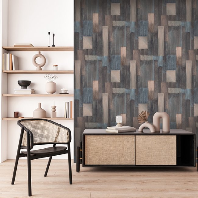 Dutch Wallcoverings Arty Wood bruin/blauw - Vliesbehang - 10m x 53cm - M469-08