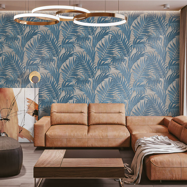 Dutch Wallcoverings Duch Wallcoverings - Grace Tropical palm leaf petrol/beige - vliesbehang - 10m x 53cm - GR322108