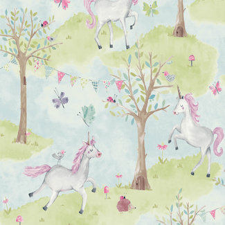 Dutch Wallcoverings Vliesbehang - Little Kids- Unicorn groen/roze - JS2001