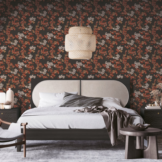 Dutch Wallcoverings Duch Wallcoverings - Grace Cherry blossom black/red - vliesbehang - 10m x 53cm - GR322207