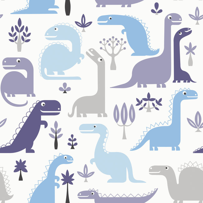 Dutch Wallcoverings Duch Wallcoverings - Little Kids- Dinosaur blauw/wit - vliesbehang - 10m x 53cm - LL10021