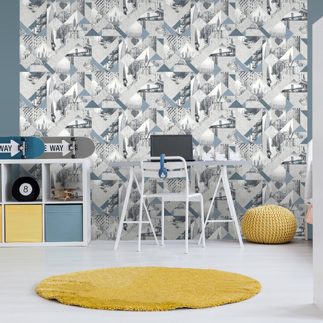 Dutch Wallcoverings Duch Wallcoverings - Loft- New York grijs/blauw - vliesbehang - 10m x 53cm - M510-01