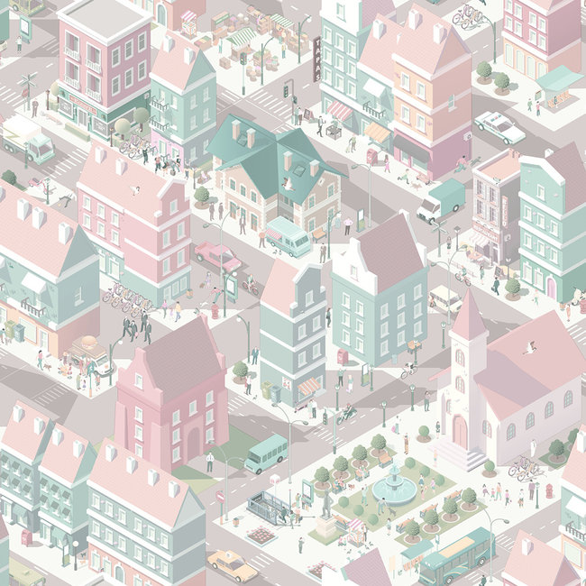 Dutch Wallcoverings Duch Wallcoverings - My Kingdom- City Life roze/groen - vliesbehang - 10m x 53cm - L976-03