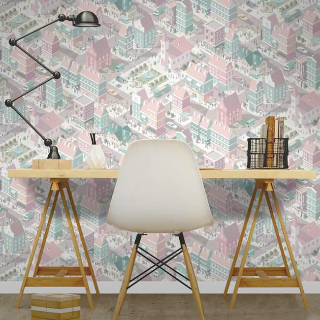 Dutch Wallcoverings Duch Wallcoverings - My Kingdom- City Life roze/groen - vliesbehang - 10m x 53cm - L976-03