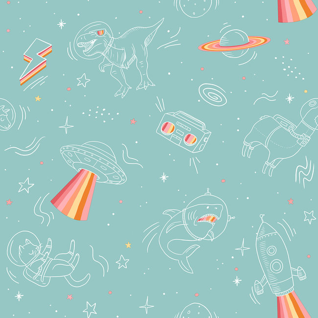 Dutch Wallcoverings Duch Wallcoverings - My Kingdom- Animals in Space groen - vliesbehang - 10m x 53cm - M368-04