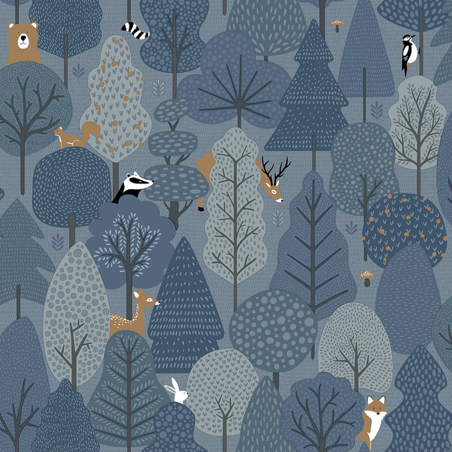 Dutch Wallcoverings Duch Wallcoverings - My Kingdom- Forest Animals d.blauw - vliesbehang - 10m x 53cm - M516-01