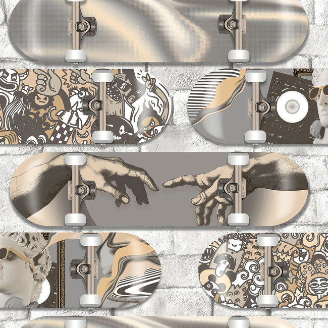 Dutch Wallcoverings Duch Wallcoverings - Pop- skateboard beige/grijs - vliesbehang - 10m x 53cm - M478-09
