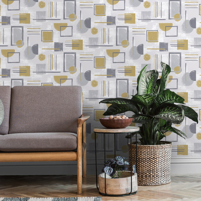 Dutch Wallcoverings Duch Wallcoverings - FC Amazonia- Nordic Geo Grey/Ochre - vliesbehang - 10m x 53cm - 91331