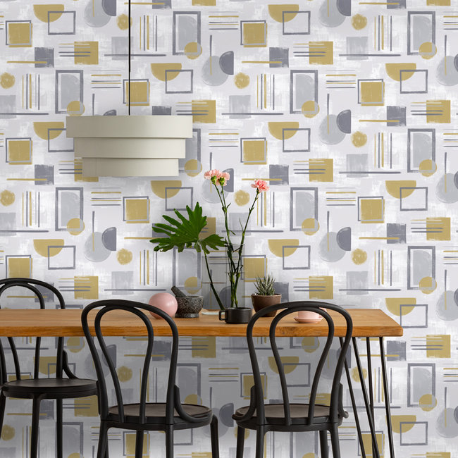 Dutch Wallcoverings Duch Wallcoverings - FC Amazonia- Nordic Geo Grey/Ochre - vliesbehang - 10m x 53cm - 91331