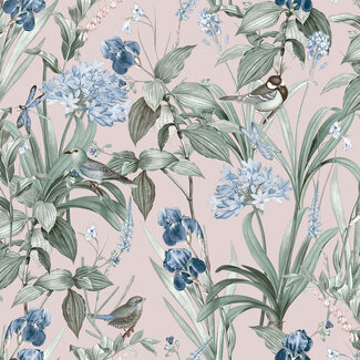 Dutch Wallcoverings Dutch Wallcoverings - Botanique- Birds & Flowers roze/blauw - M647-03